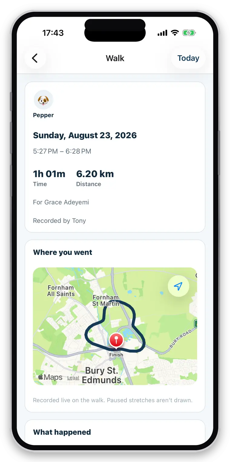 a finished walk — 1 hour 1 minute and 6.20 km for Grace Adeyemi, recorded by Tony, with the route drawn and a note that paused stretches are not included
