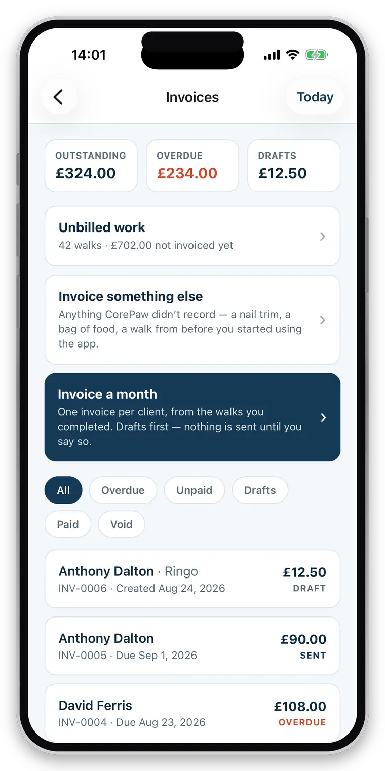 the invoices screen — outstanding, overdue and draft totals, £702 of unbilled work, and buttons to invoice a month or invoice something else