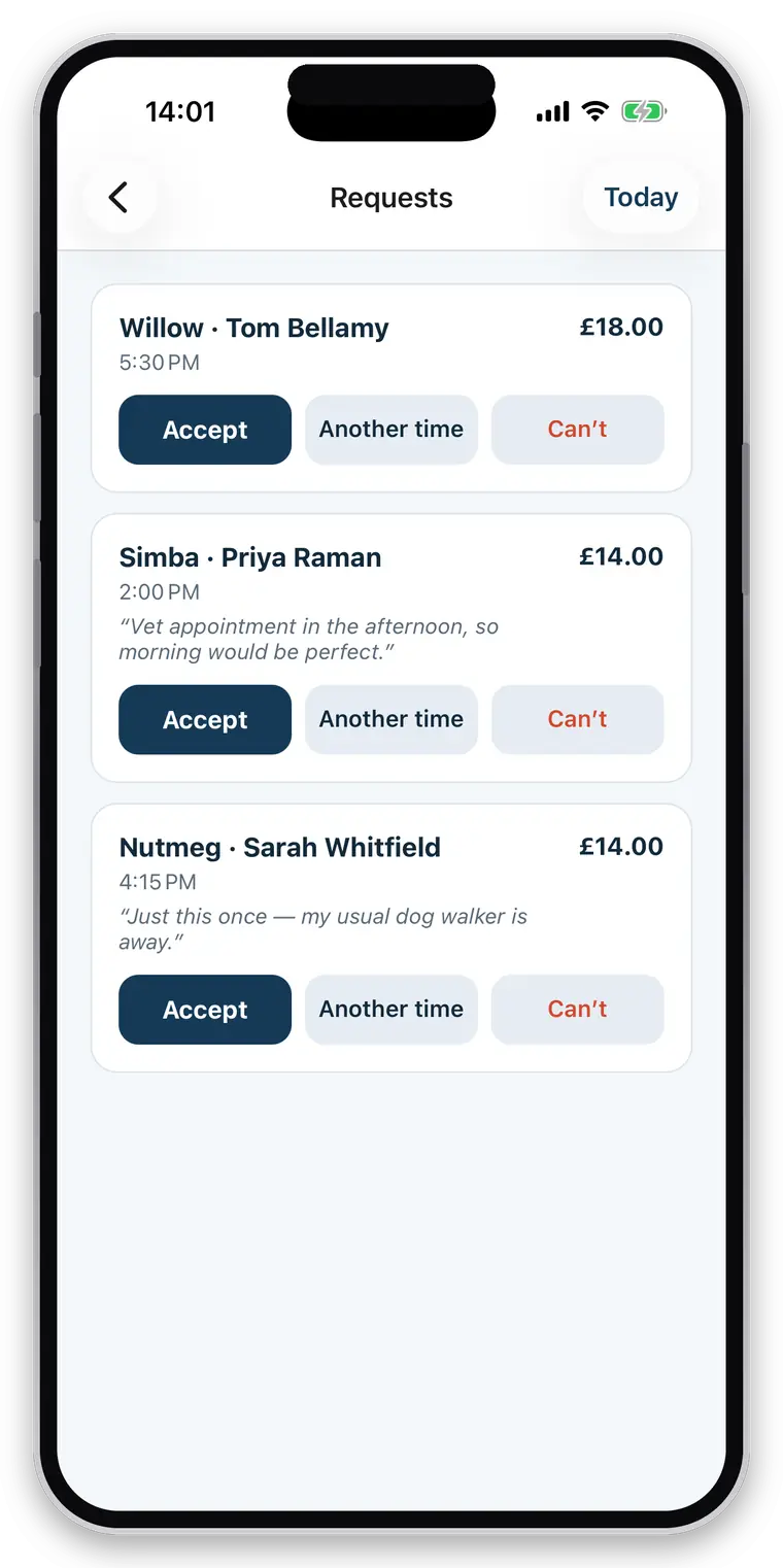 three booking requests from clients, each with its price and the owner's reason, and Accept, Another time and Can't buttons