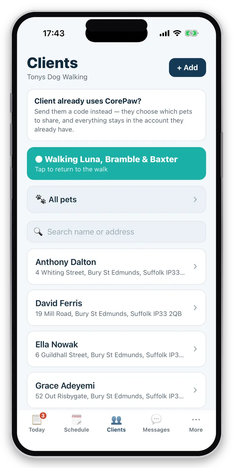 the client list, with a prompt to send a code to clients who already use CorePaw