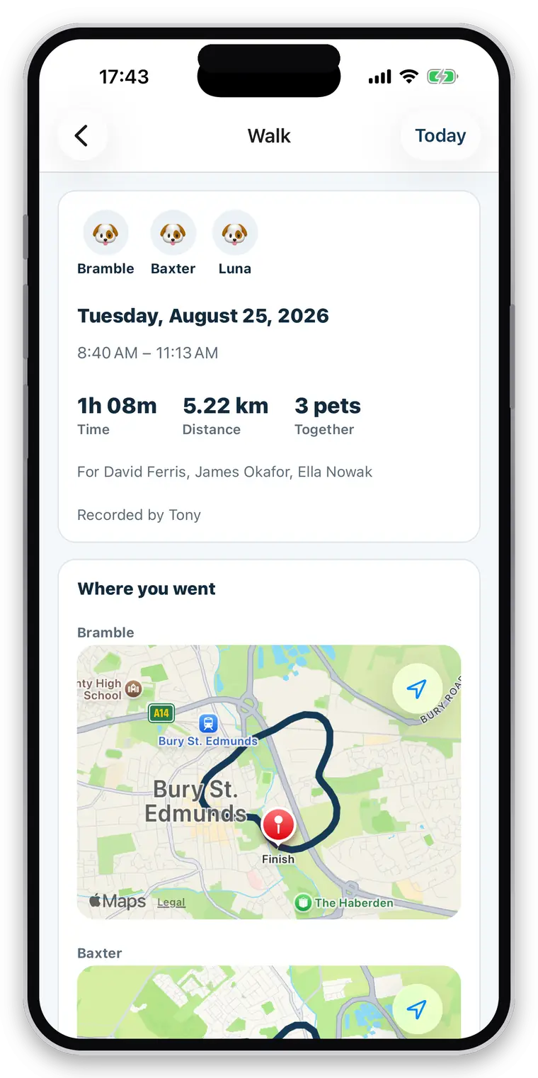 a group walk — Bramble, Baxter and Luna out together for 1 hour 8 minutes, with a separate route recorded for each dog