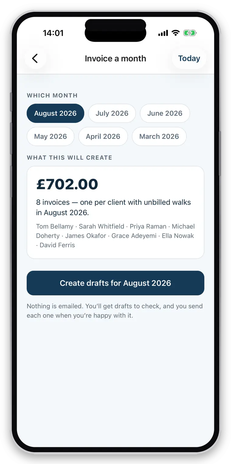 the month-end run — eight invoices, one per client with unbilled walks, created as drafts that are not emailed until you send them