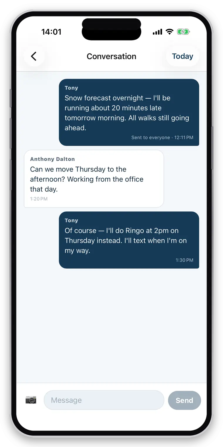 a conversation with one client, including an announcement sent to every client and the reply that came back privately