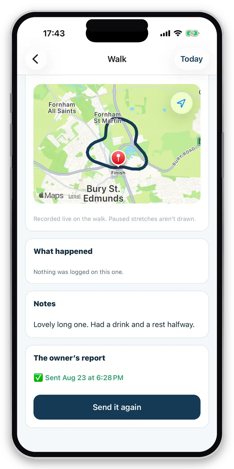 a finished walk showing the owner's report was sent, with a “Send it again” button — and “Nothing was logged on this one” stated plainly