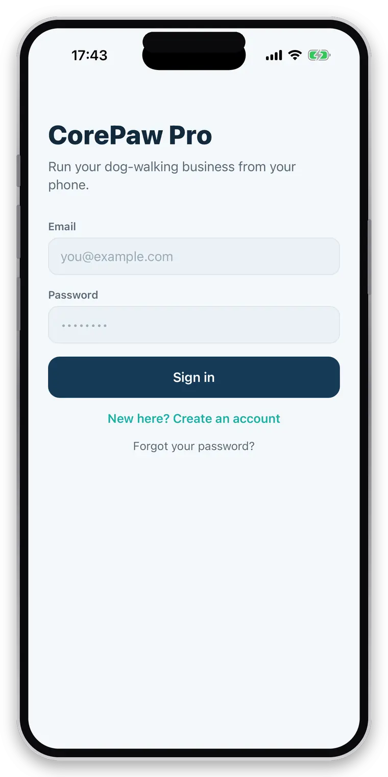 the CorePaw Pro sign-in screen — run your dog-walking business from your phone